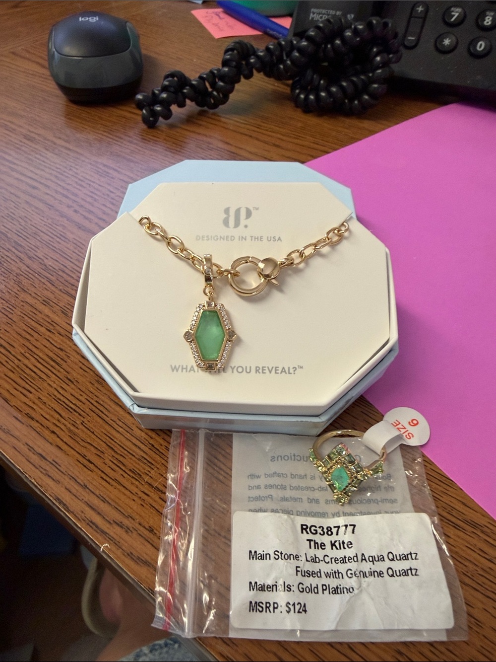 Bomb Party The Kite Gold-Plated Necklace with Aqua Green Hexagon Pendant by